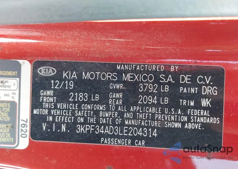 2020 Kia Forte Gt-Line из США, поврежденный, VIN 3KPF34AD3LE204314